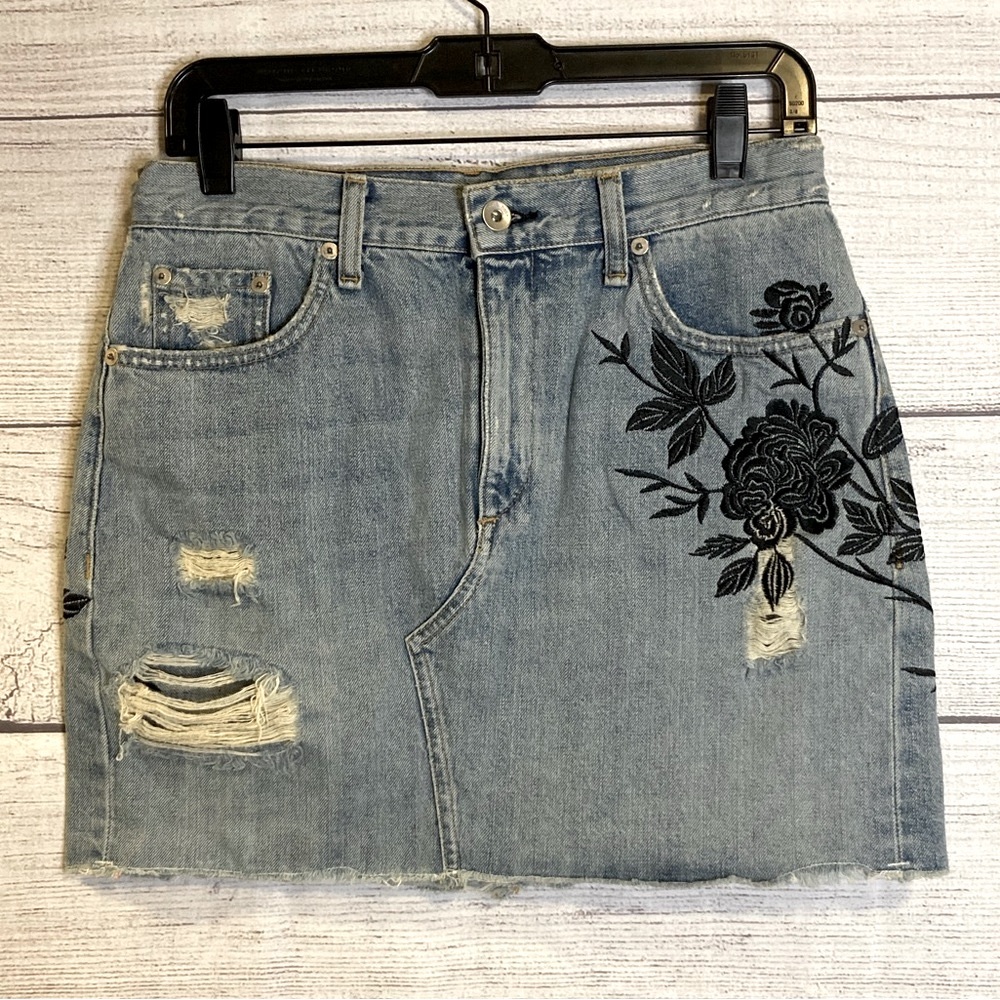 Rag and Bone Jean Dive Skirt Distressed and Embroidered Denim Skirt